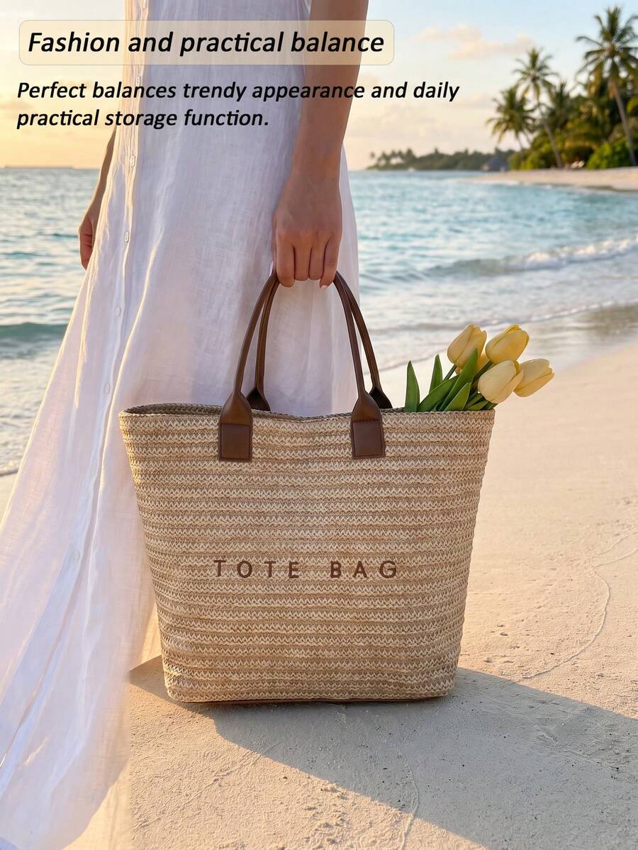 New Fashionable Woven Straw Tote Bag Multifunctional Purse Beach Vacation Handbag Back To School Travel Essentials Birthday Gift Cruise Essential