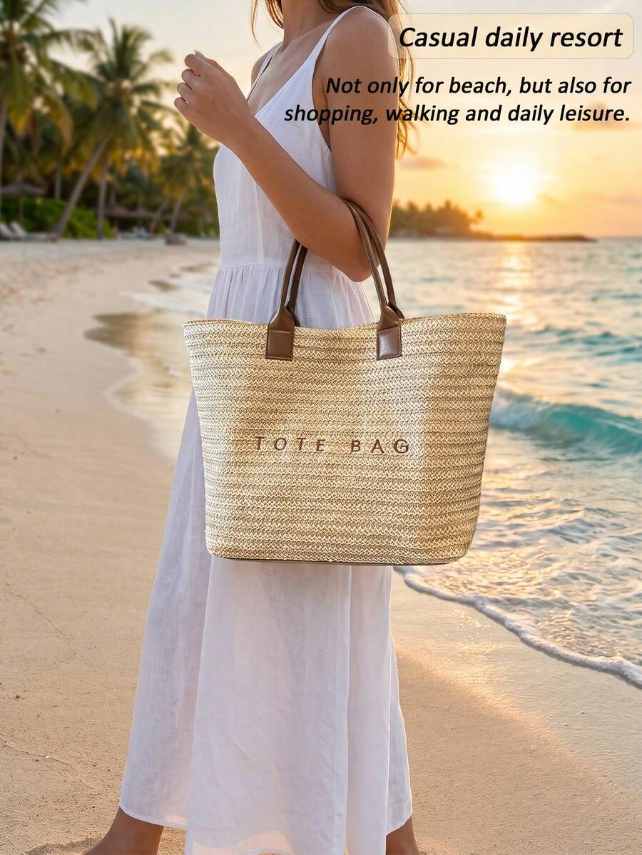 New Fashionable Woven Straw Tote Bag Multifunctional Purse Beach Vacation Handbag Back To School Travel Essentials Birthday Gift Cruise Essential