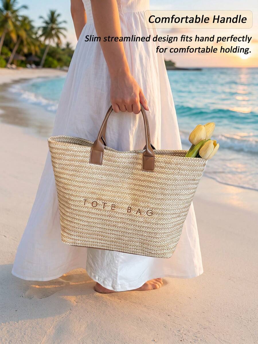 New Fashionable Woven Straw Tote Bag Multifunctional Purse Beach Vacation Handbag Back To School Travel Essentials Birthday Gift Cruise Essential