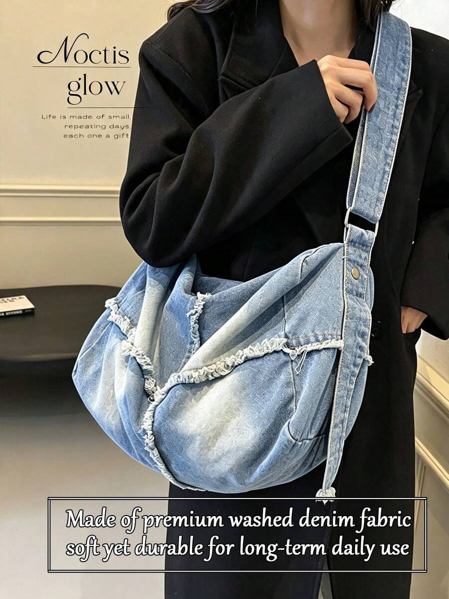 Vintage Washed Denim Hobo Shoulder Bag For Women Large Capacity Tote Bag Practical Fabric Adjustable Strap Crossbody Bag For Daily Shopping Travel