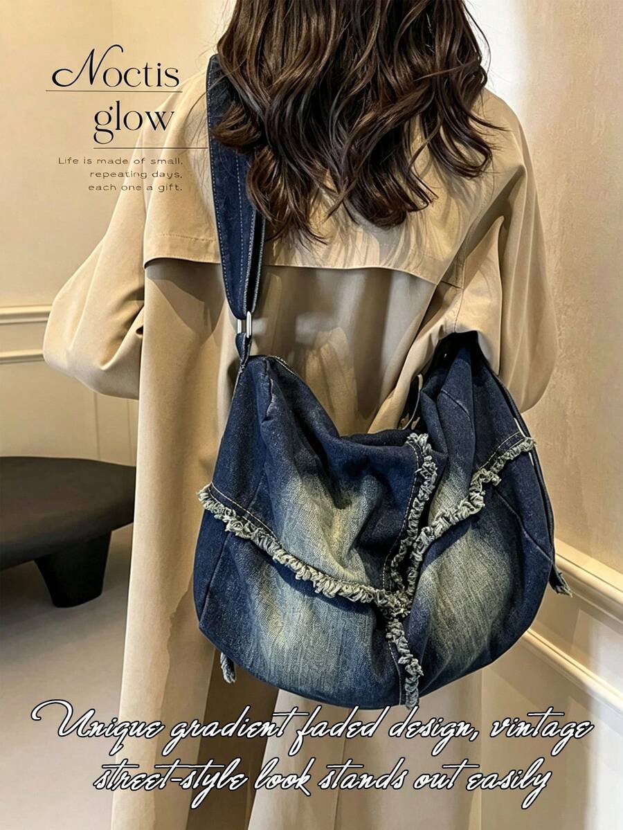 Vintage Washed Denim Hobo Shoulder Bag For Women Large Capacity Tote Bag Practical Fabric Adjustable Strap Crossbody Bag For Daily Shopping Travel