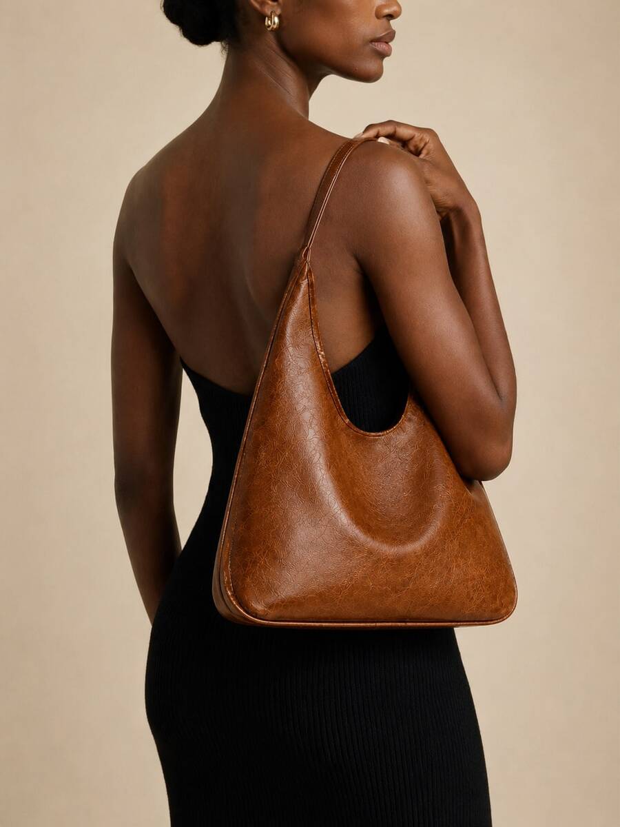 Women Brown Hobo Shoulder Bag, Soft Faux Leather Embossed Underarm Purse, Large Capacity Slouchy Crescent Handbag For Work, Travel, Daily Use
