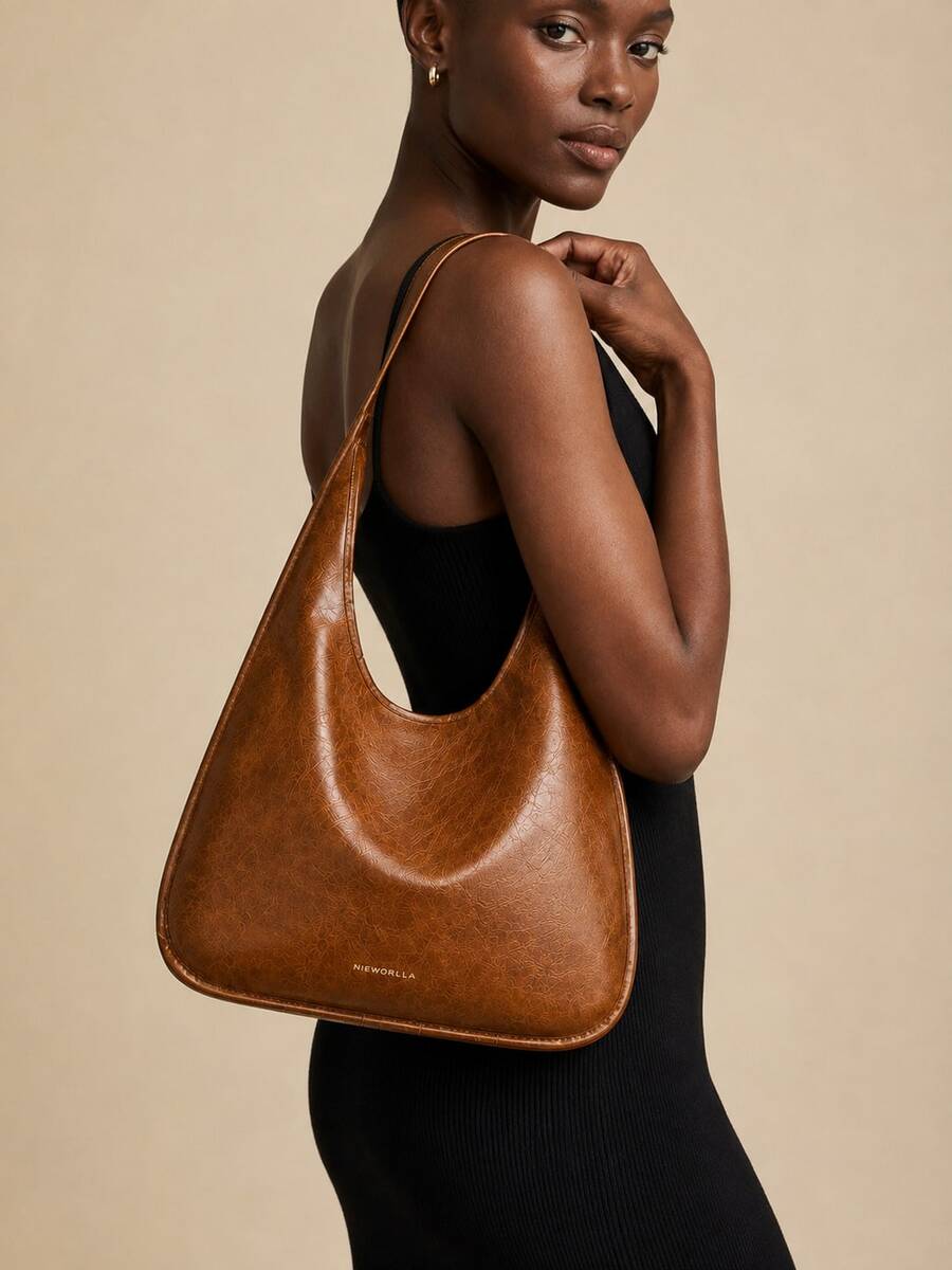 Women Brown Hobo Shoulder Bag, Soft Faux Leather Embossed Underarm Purse, Large Capacity Slouchy Crescent Handbag For Work, Travel, Daily Use