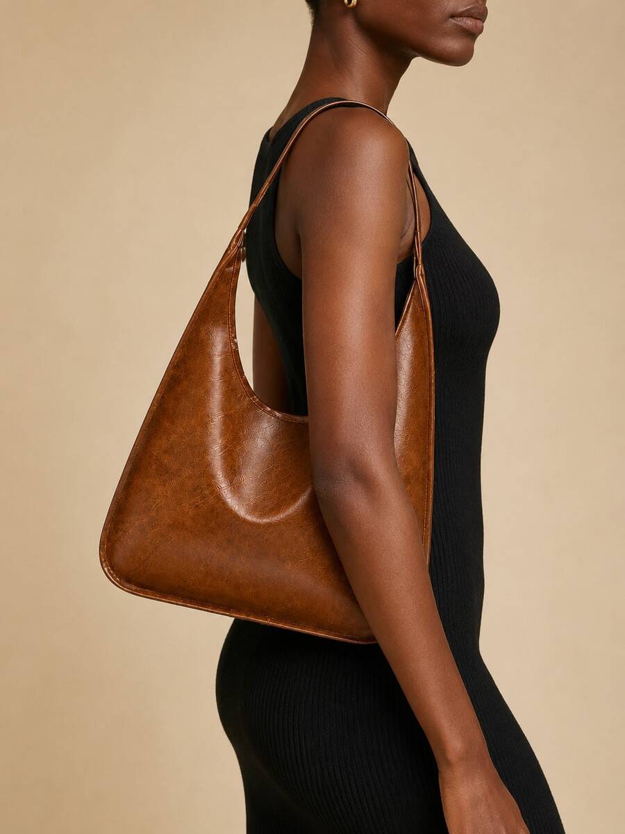 Women Brown Hobo Shoulder Bag, Soft Faux Leather Embossed Underarm Purse, Large Capacity Slouchy Crescent Handbag For Work, Travel, Daily Use