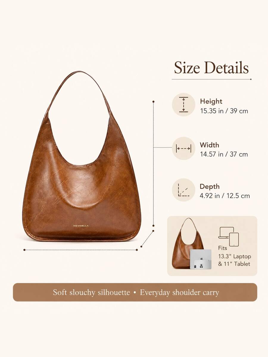 Women Brown Hobo Shoulder Bag, Soft Faux Leather Embossed Underarm Purse, Large Capacity Slouchy Crescent Handbag For Work, Travel, Daily Use