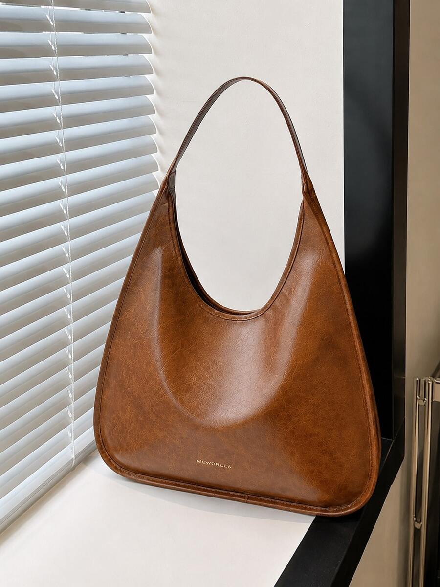 Women Brown Hobo Shoulder Bag, Soft Faux Leather Embossed Underarm Purse, Large Capacity Slouchy Crescent Handbag For Work, Travel, Daily Use