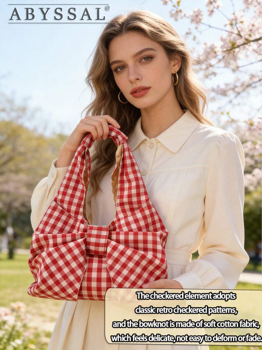 Cute Large Capacity Fashion Bow Shoulder Bag For Women Pink Plaid Tote Bag Vintage Plaid Canvas Handbag Bow Purse For Women Best Valentines' Gift