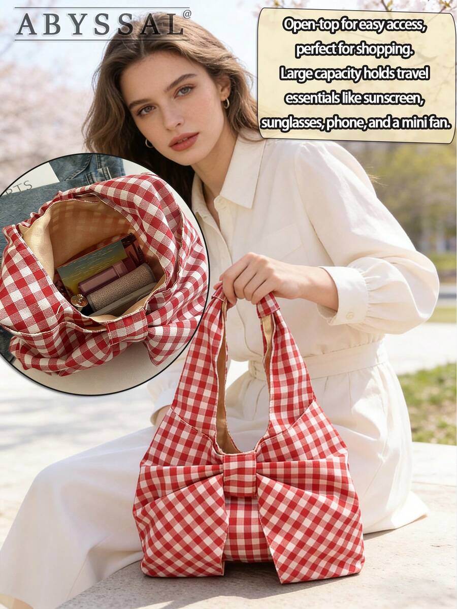 Cute Large Capacity Fashion Bow Shoulder Bag For Women Pink Plaid Tote Bag Vintage Plaid Canvas Handbag Bow Purse For Women Best Valentines' Gift
