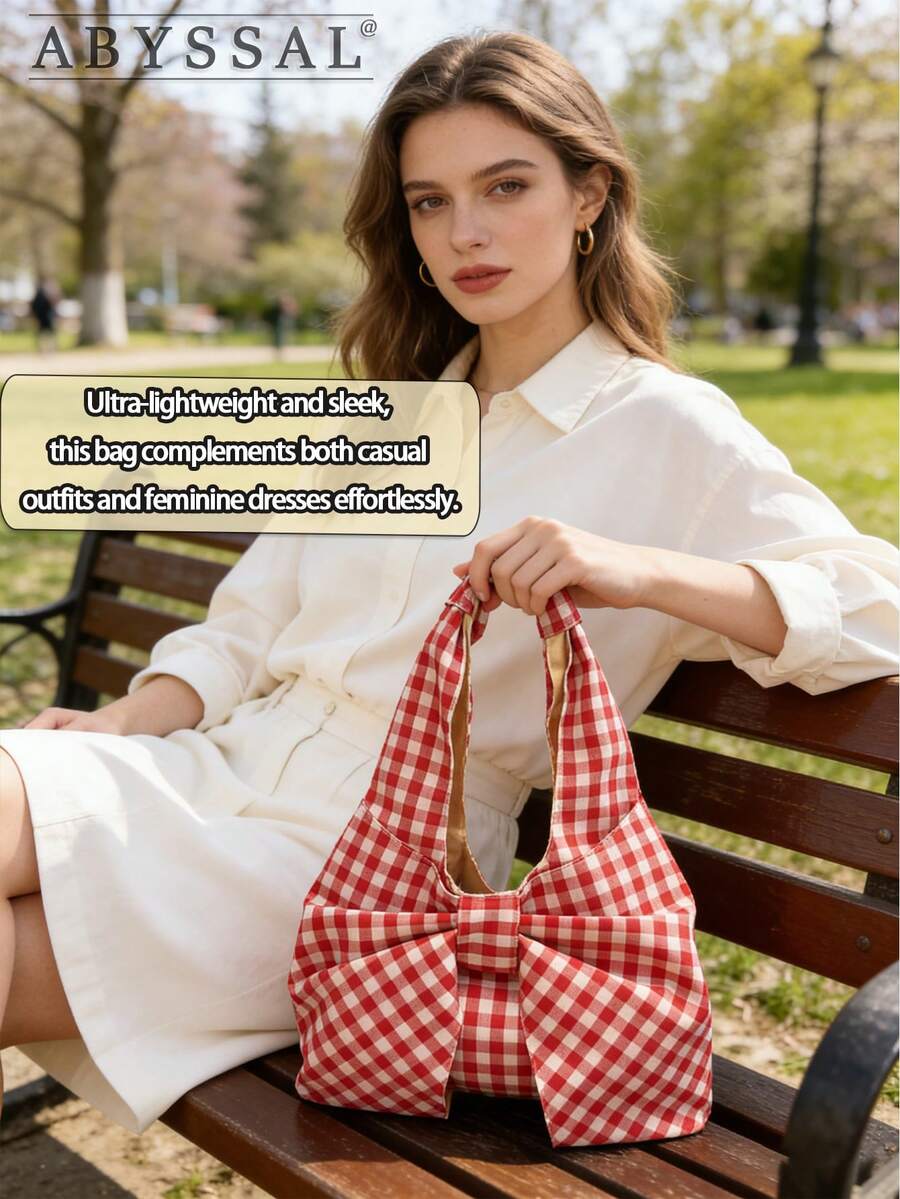 Cute Large Capacity Fashion Bow Shoulder Bag For Women Pink Plaid Tote Bag Vintage Plaid Canvas Handbag Bow Purse For Women Best Valentines' Gift