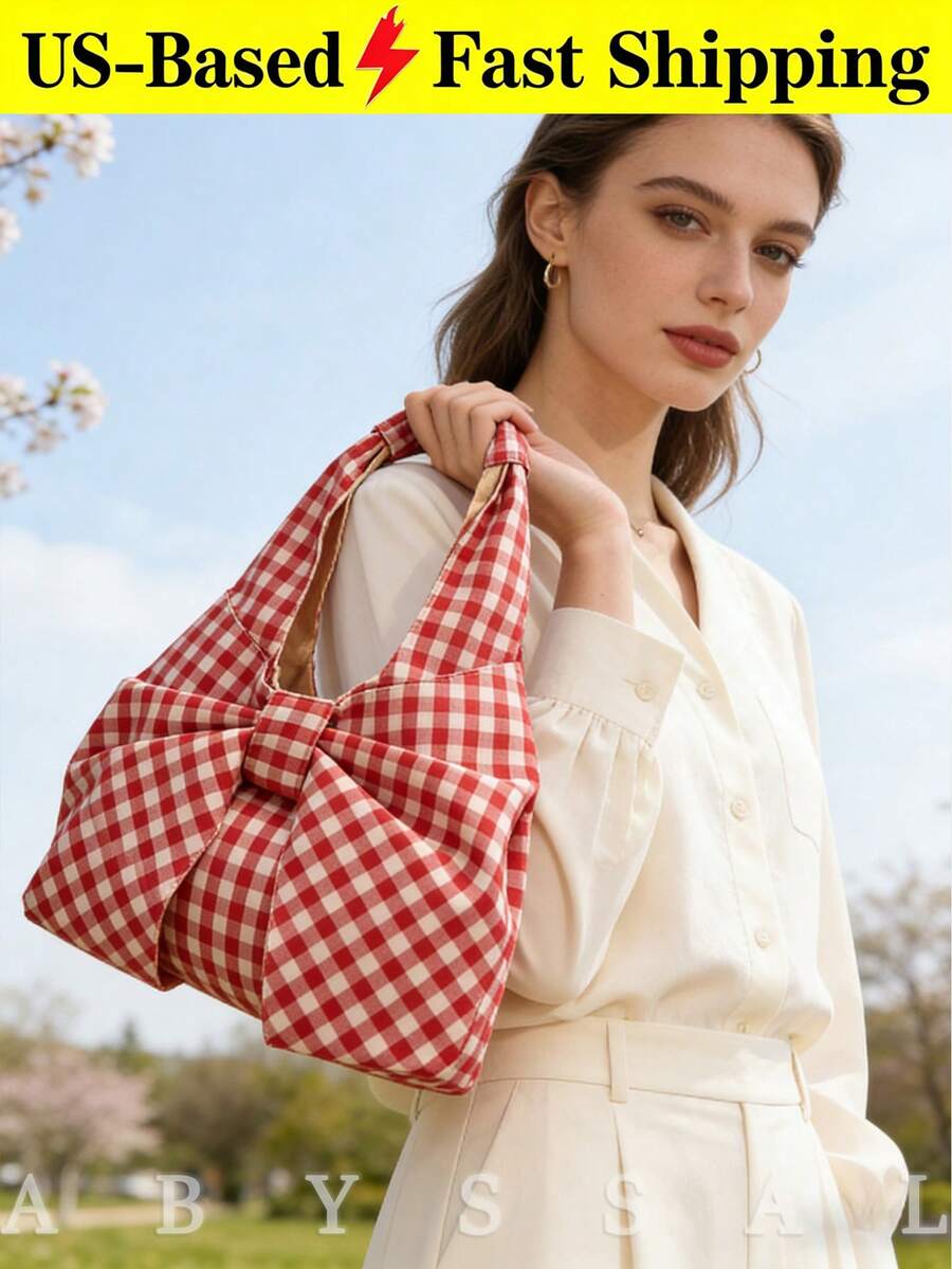 Cute Large Capacity Fashion Bow Shoulder Bag For Women Pink Plaid Tote Bag Vintage Plaid Canvas Handbag Bow Purse For Women Best Valentines' Gift