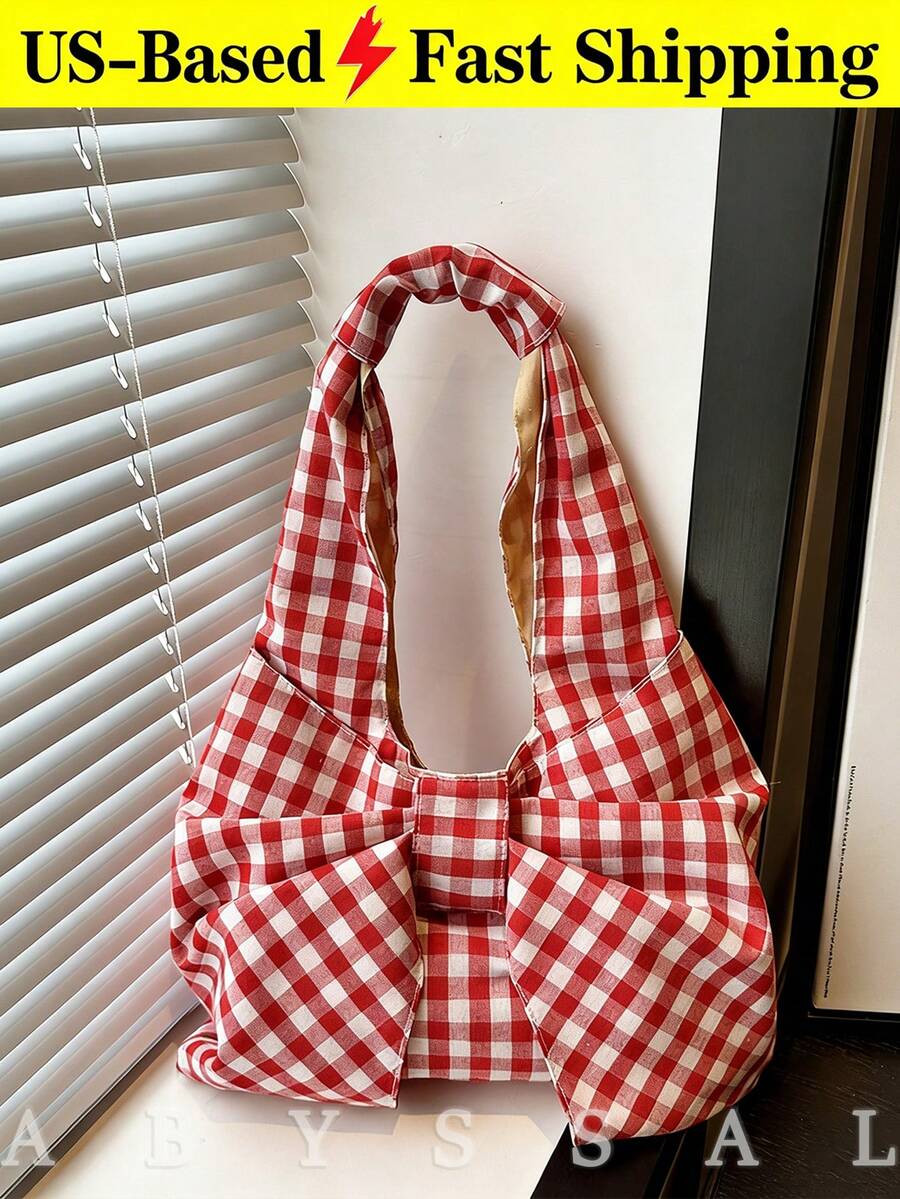 Cute Large Capacity Fashion Bow Shoulder Bag For Women Pink Plaid Tote Bag Vintage Plaid Canvas Handbag Bow Purse For Women Best Valentines' Gift