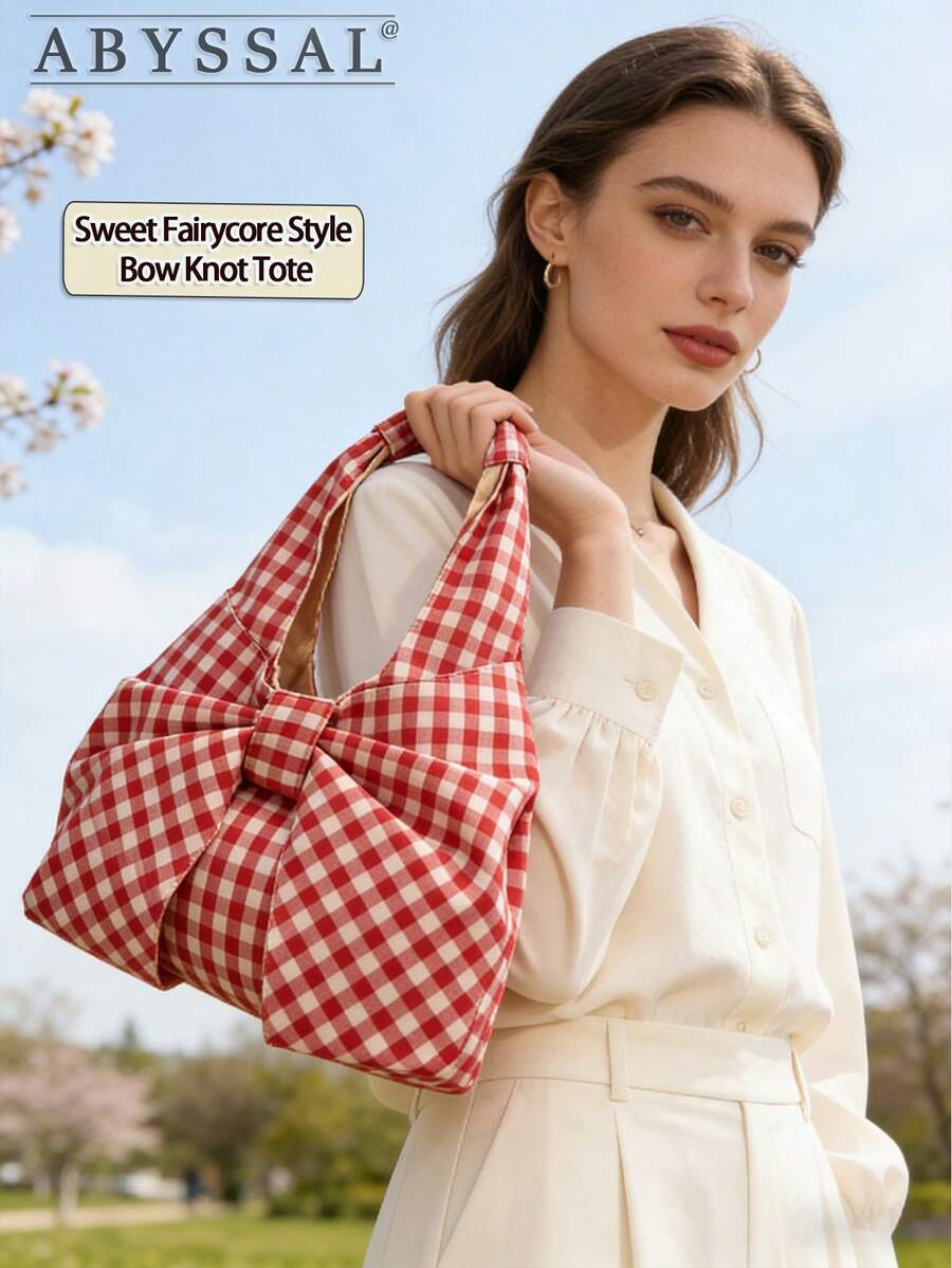 Cute Large Capacity Fashion Bow Shoulder Bag For Women Pink Plaid Tote Bag Vintage Plaid Canvas Handbag Bow Purse For Women Best Valentines' Gift