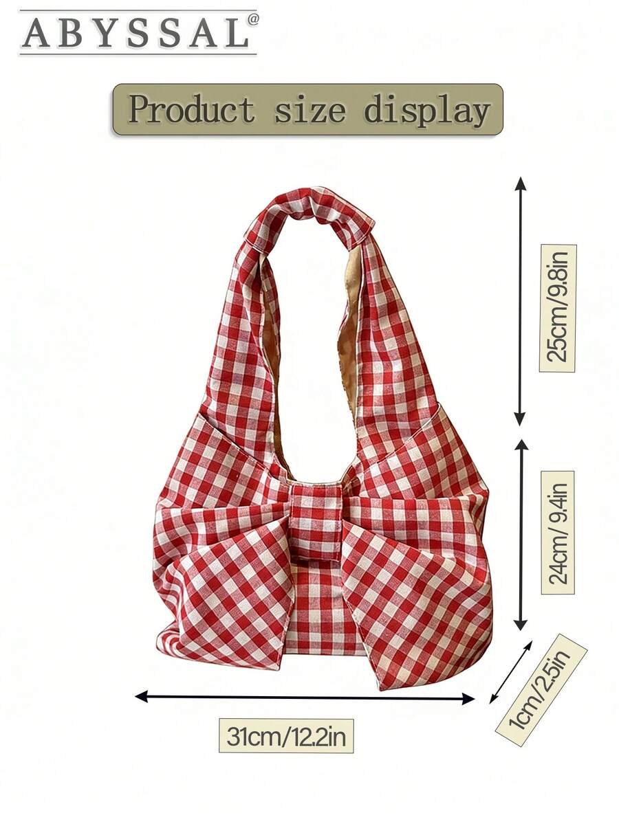 Cute Large Capacity Fashion Bow Shoulder Bag For Women Pink Plaid Tote Bag Vintage Plaid Canvas Handbag Bow Purse For Women Best Valentines' Gift