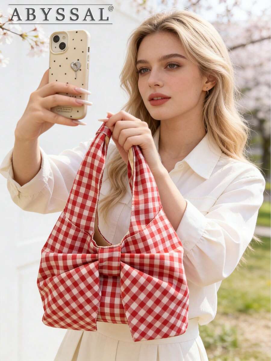 Cute Large Capacity Fashion Bow Shoulder Bag For Women Pink Plaid Tote Bag Vintage Plaid Canvas Handbag Bow Purse For Women Best Valentines' Gift