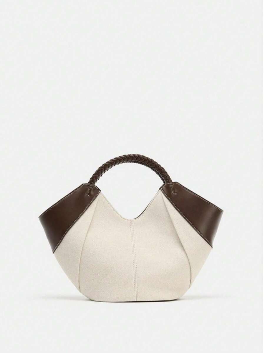 1pc Women's Minimalist Mini Tote Bag, Mini Shopping Bag, Decorated With Contrast Piping, Featuring Dual Woven Handles And Detachable Crossbody NBQ5