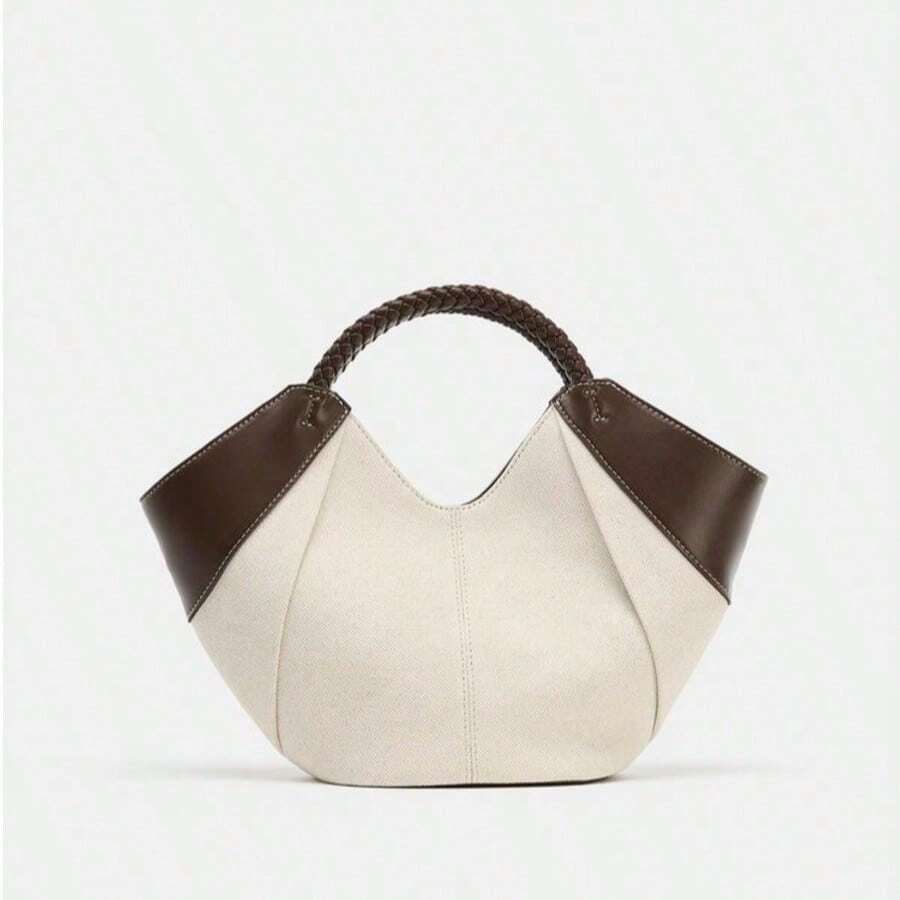 1pc Women's Minimalist Mini Tote Bag, Mini Shopping Bag, Decorated With Contrast Piping, Featuring Dual Woven Handles And Detachable Crossbody NBQ5