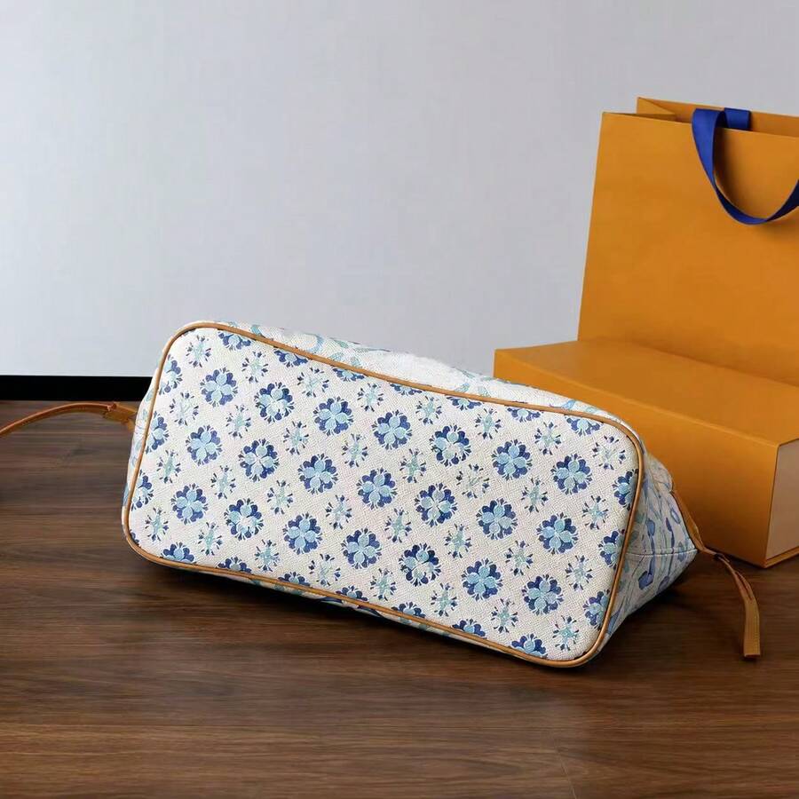 LOU White Blue Watercolor Floral‑Tiles Tote Bag, Tan Leather Handles Large Capacity Shoulder Bag With Matching Zipper Pouch