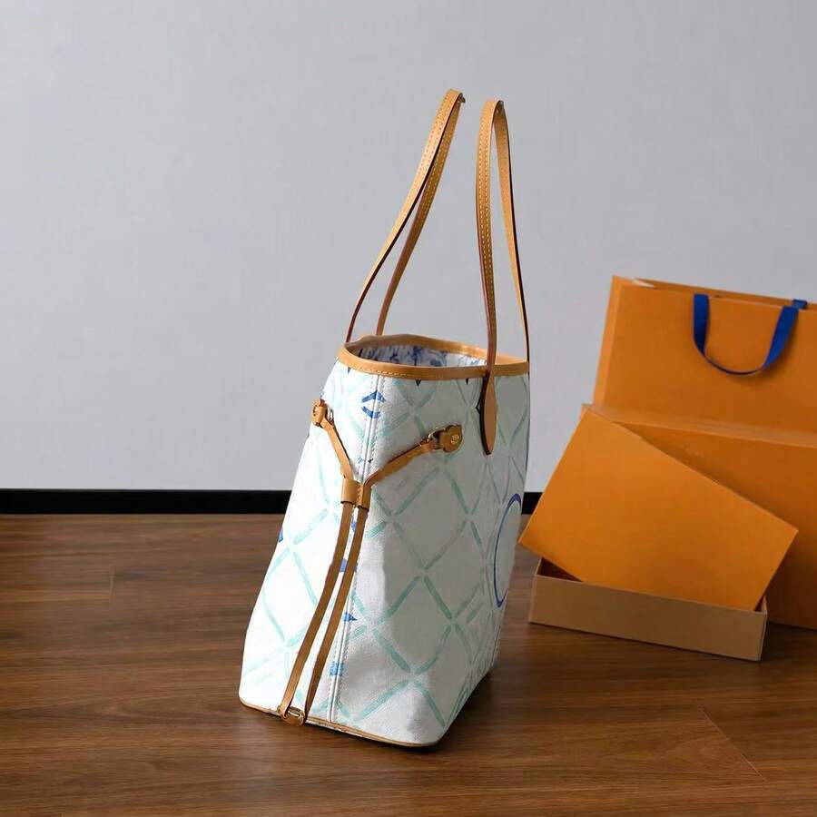 LOU White Blue Watercolor Floral‑Tiles Tote Bag, Tan Leather Handles Large Capacity Shoulder Bag With Matching Zipper Pouch