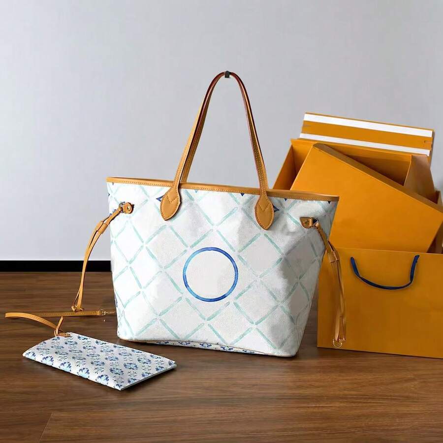 LOU White Blue Watercolor Floral‑Tiles Tote Bag, Tan Leather Handles Large Capacity Shoulder Bag With Matching Zipper Pouch