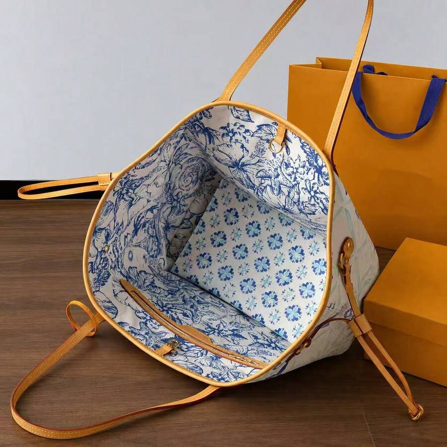 LOU White Blue Watercolor Floral‑Tiles Tote Bag, Tan Leather Handles Large Capacity Shoulder Bag With Matching Zipper Pouch