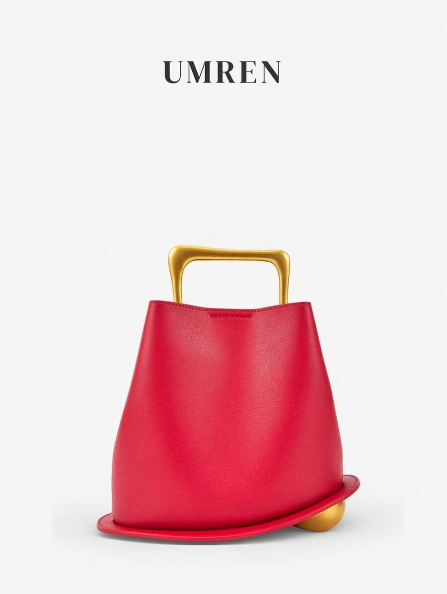 Small Tote Bag This Stylish And Minimalist Women's Handbag/Bucket Bag Is PU Material And Features Metal Handles And An Adjustable Shoulder Strap