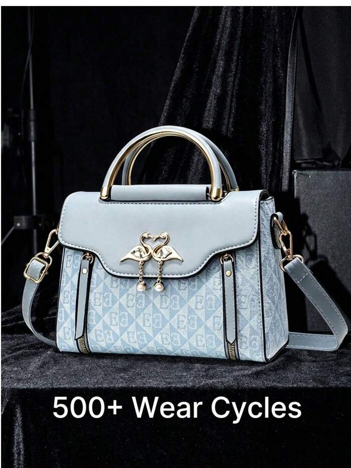 Light Blue Geometric Print Swan Rhinestone Pendant Top Handle Crossbody Bag For