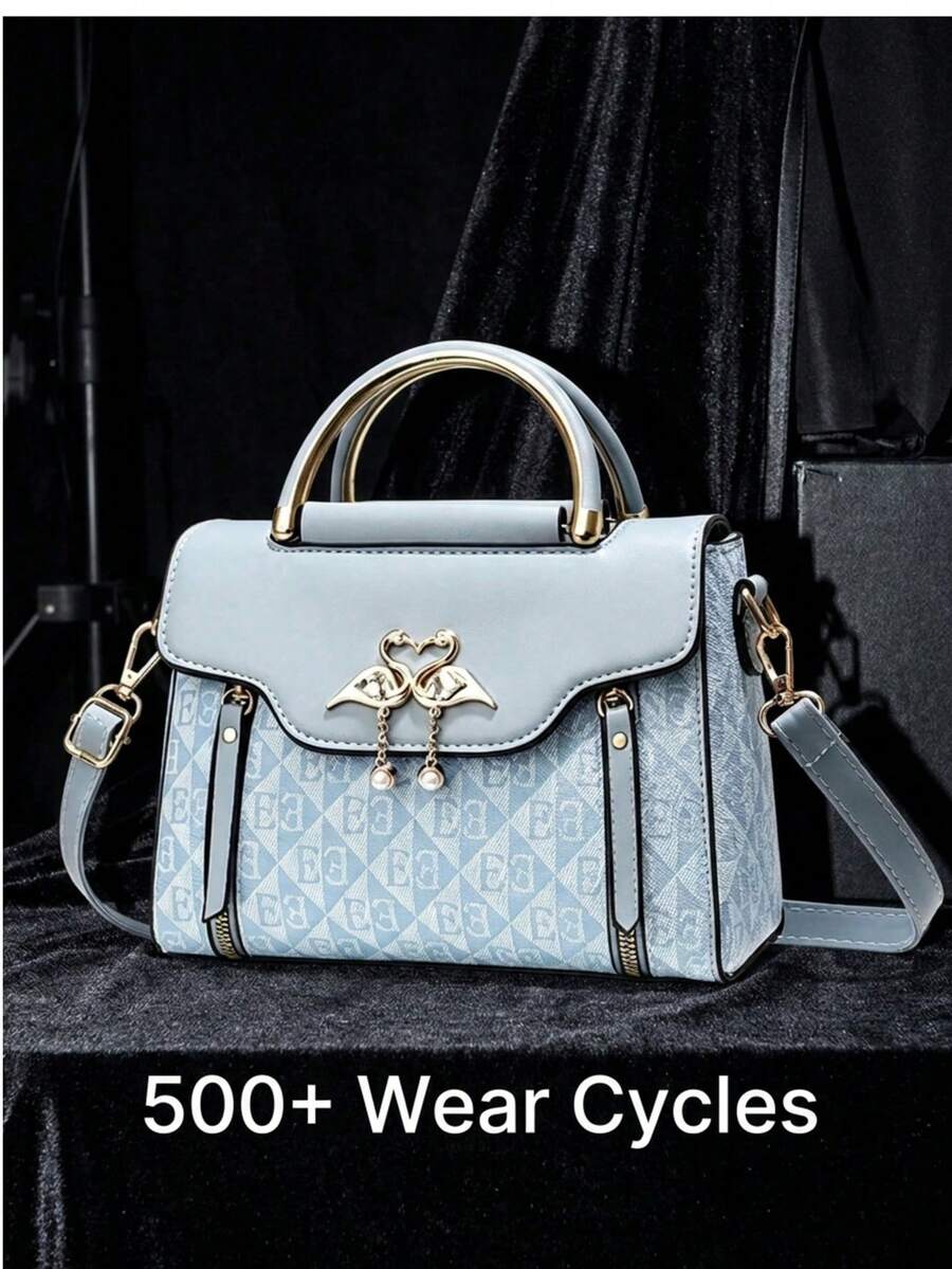 Light Blue Geometric Print Swan Rhinestone Pendant Top Handle Crossbody Bag For Women, Elegant PU Work Handbag Office Daily Commute Bags For Women