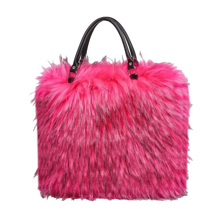 Shaggy Faux Fur Large Tote Bag For Women, Furry Plush Top‑Handle Handbag Purse For Autumn Winter Daily Use