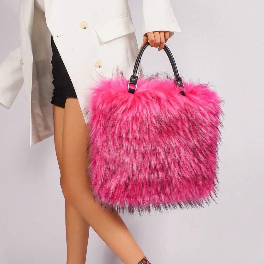 Shaggy Faux Fur Large Tote Bag For Women, Furry Plush Top‑Handle Handbag Purse For Autumn Winter Daily Use