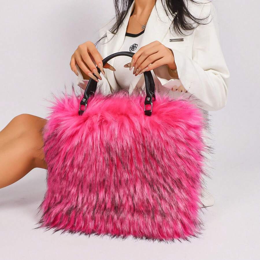 Shaggy Faux Fur Large Tote Bag For Women, Furry Plush Top‑Handle Handbag Purse For Autumn Winter Daily Use