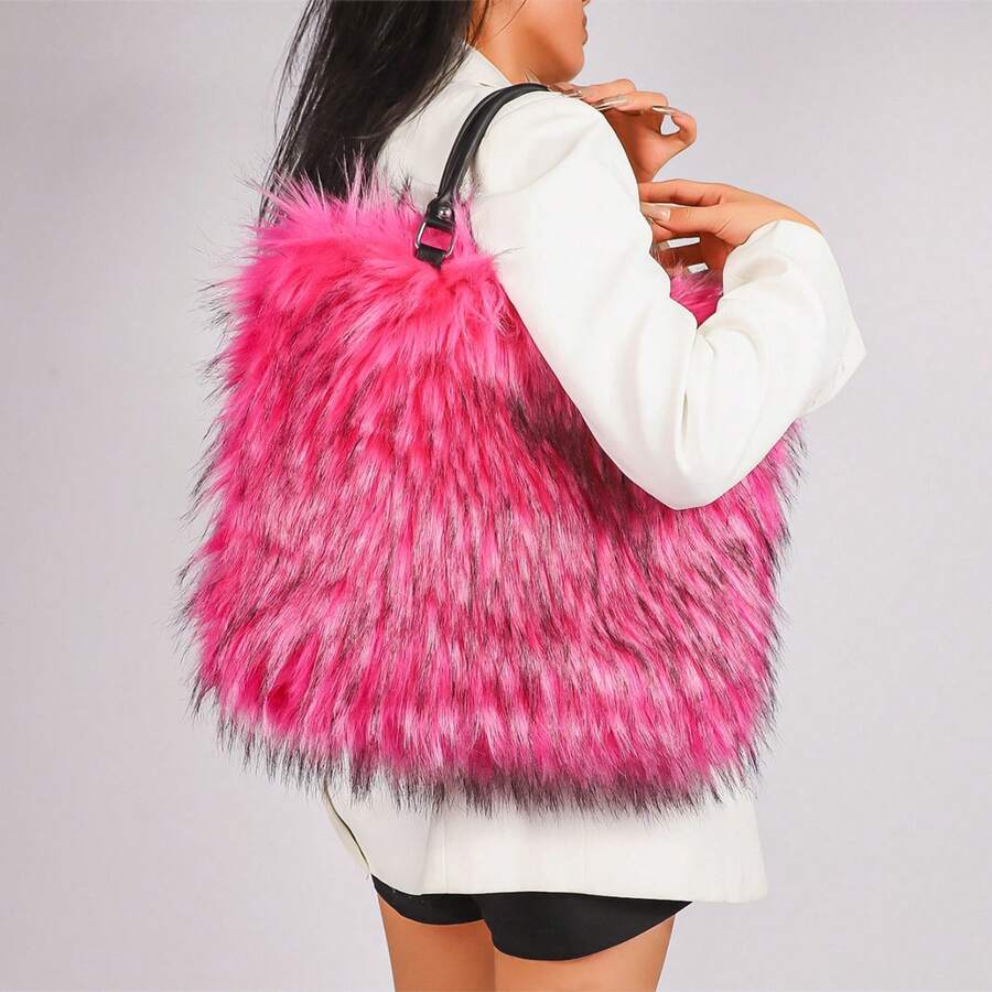 Shaggy Faux Fur Large Tote Bag For Women, Furry Plush Top‑Handle Handbag Purse For Autumn Winter Daily Use