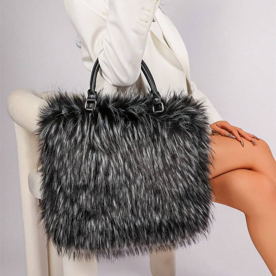 Shaggy Faux Fur Large Tote Bag For Women, Furry Plush Top‑Handle Handbag Purse For Autumn Winter Daily Use
