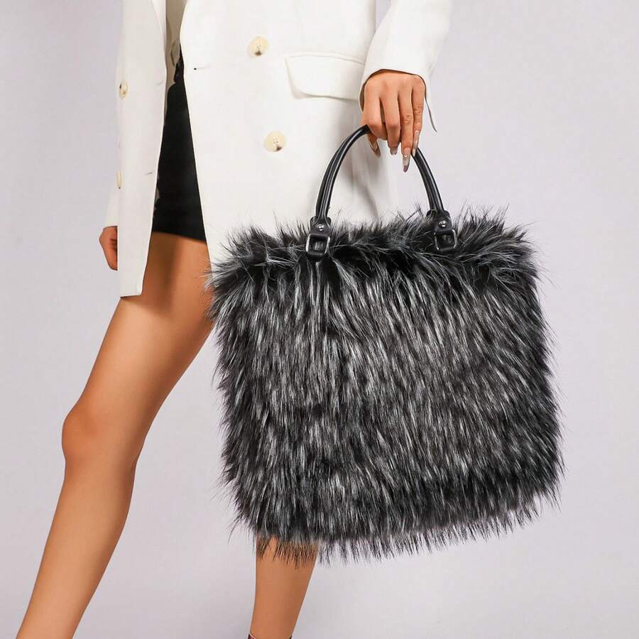Shaggy Faux Fur Large Tote Bag For Women, Furry Plush Top‑Handle Handbag Purse For Autumn Winter Daily Use