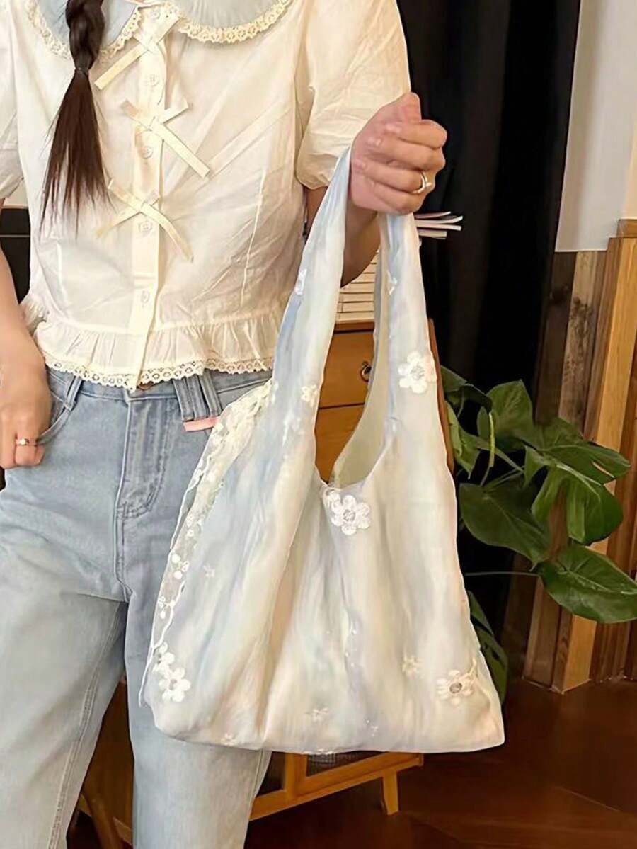 Niche Design Ins Commute Outing Daily Shopping Chinese Style Embroidery Artistic Fresh Fairy Fabric Bag Shoulder Handbag Underarm Large Capacity Tote Bag Vest Bag