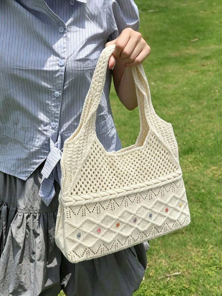 Back To School Korean Style Large Capacity Woven Shoulder Underarm Tote Bag For Women, Campus Use, Foldable, Suitable For College Students, Commuting And Outings, Student Tote Bag