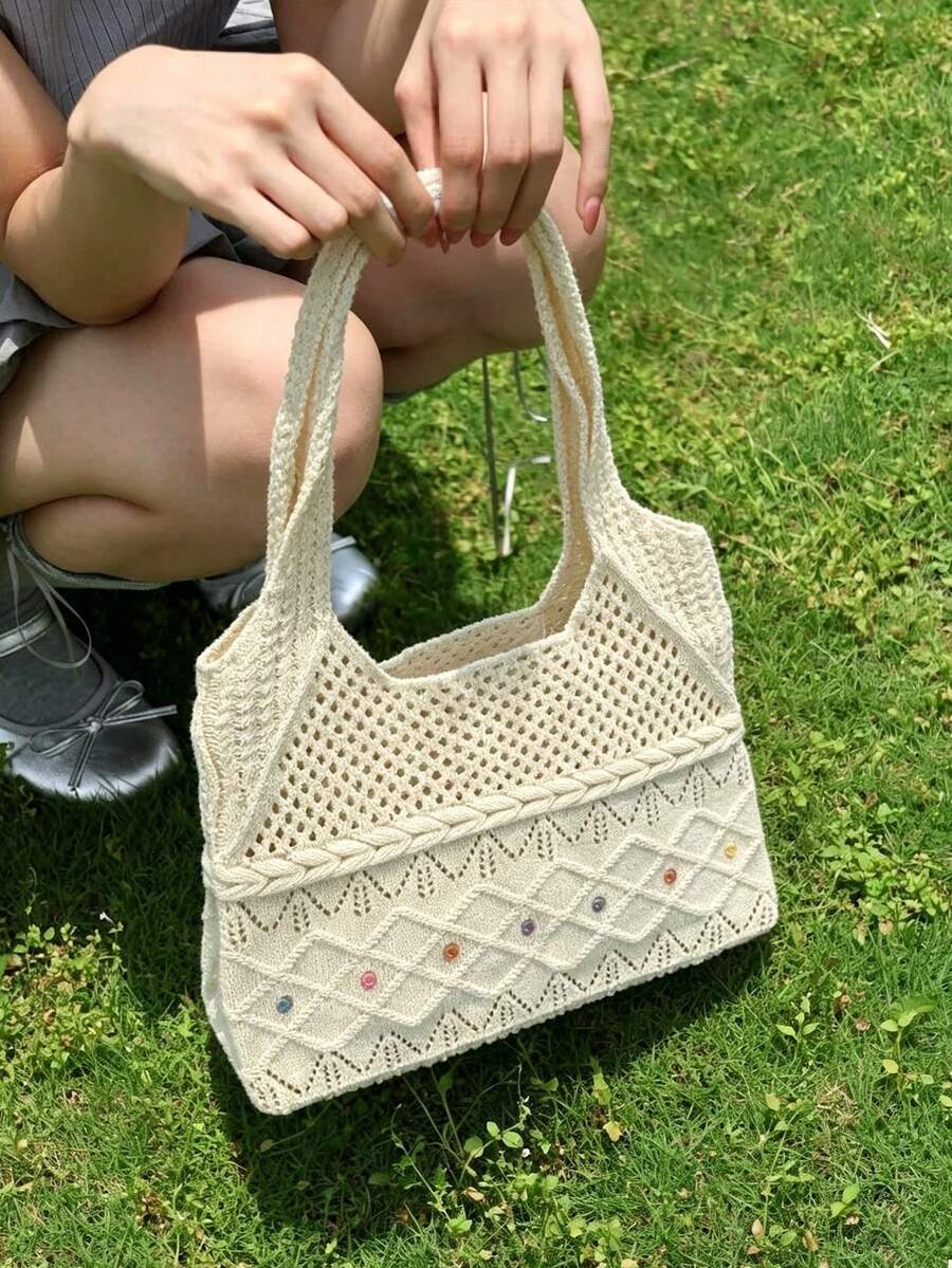 Back To School Korean Style Large Capacity Woven Shoulder Underarm Tote Bag For Women, Campus Use, Foldable, Suitable For College Students, Commuting And Outings, Student Tote Bag