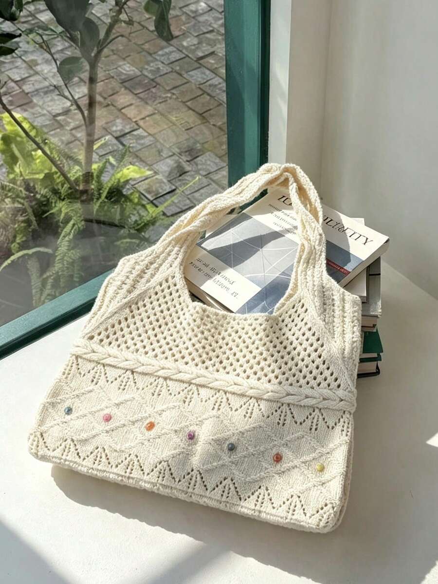 Back To School Korean Style Large Capacity Woven Shoulder Underarm Tote Bag For Women, Campus Use, Foldable, Suitable For College Students, Commuting And Outings, Student Tote Bag