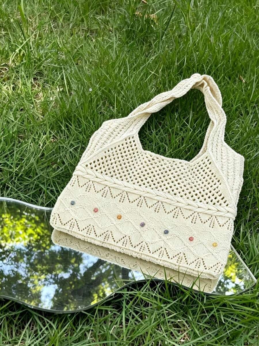 Back To School Korean Style Large Capacity Woven Shoulder Underarm Tote Bag For Women, Campus Use, Foldable, Suitable For College Students, Commuting And Outings, Student Tote Bag