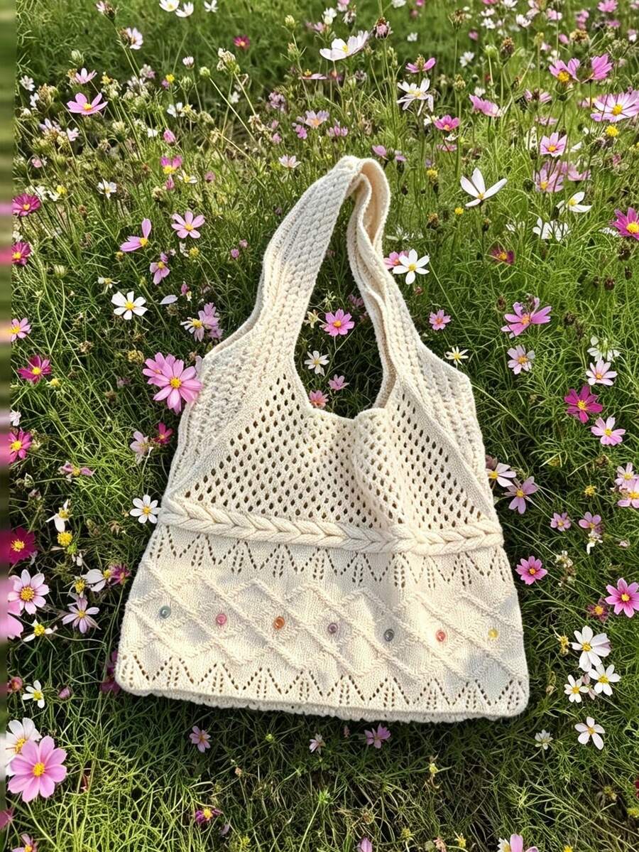 Back To School Korean Style Large Capacity Woven Shoulder Underarm Tote Bag For Women, Campus Use, Foldable, Suitable For College Students, Commuting And Outings, Student Tote Bag