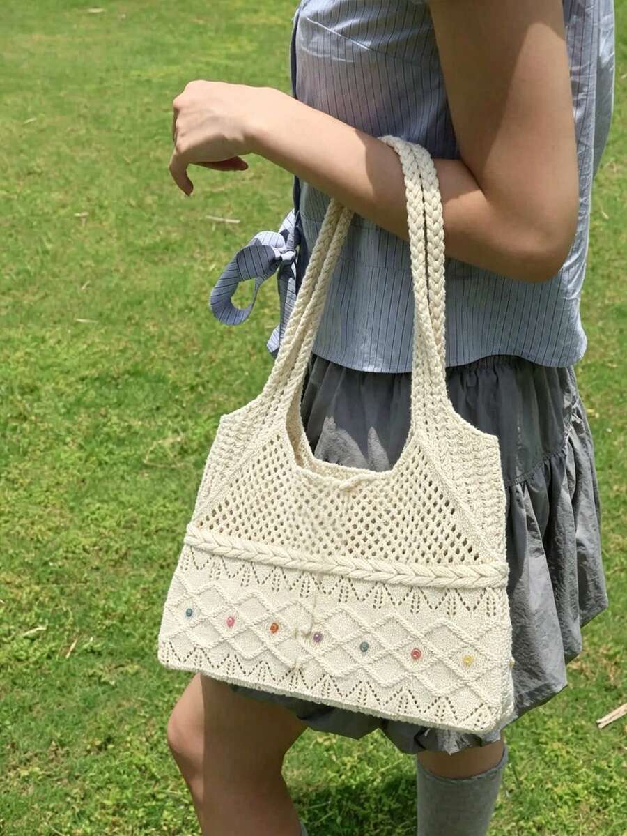 Back To School Korean Style Large Capacity Woven Shoulder Underarm Tote Bag For Women, Campus Use, Foldable, Suitable For College Students, Commuting And Outings, Student Tote Bag