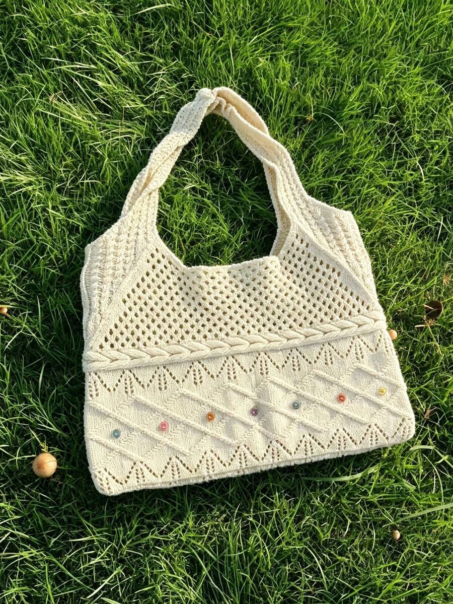 Back To School Korean Style Large Capacity Woven Shoulder Underarm Tote Bag For Women, Campus Use, Foldable, Suitable For College Students, Commuting And Outings, Student Tote Bag