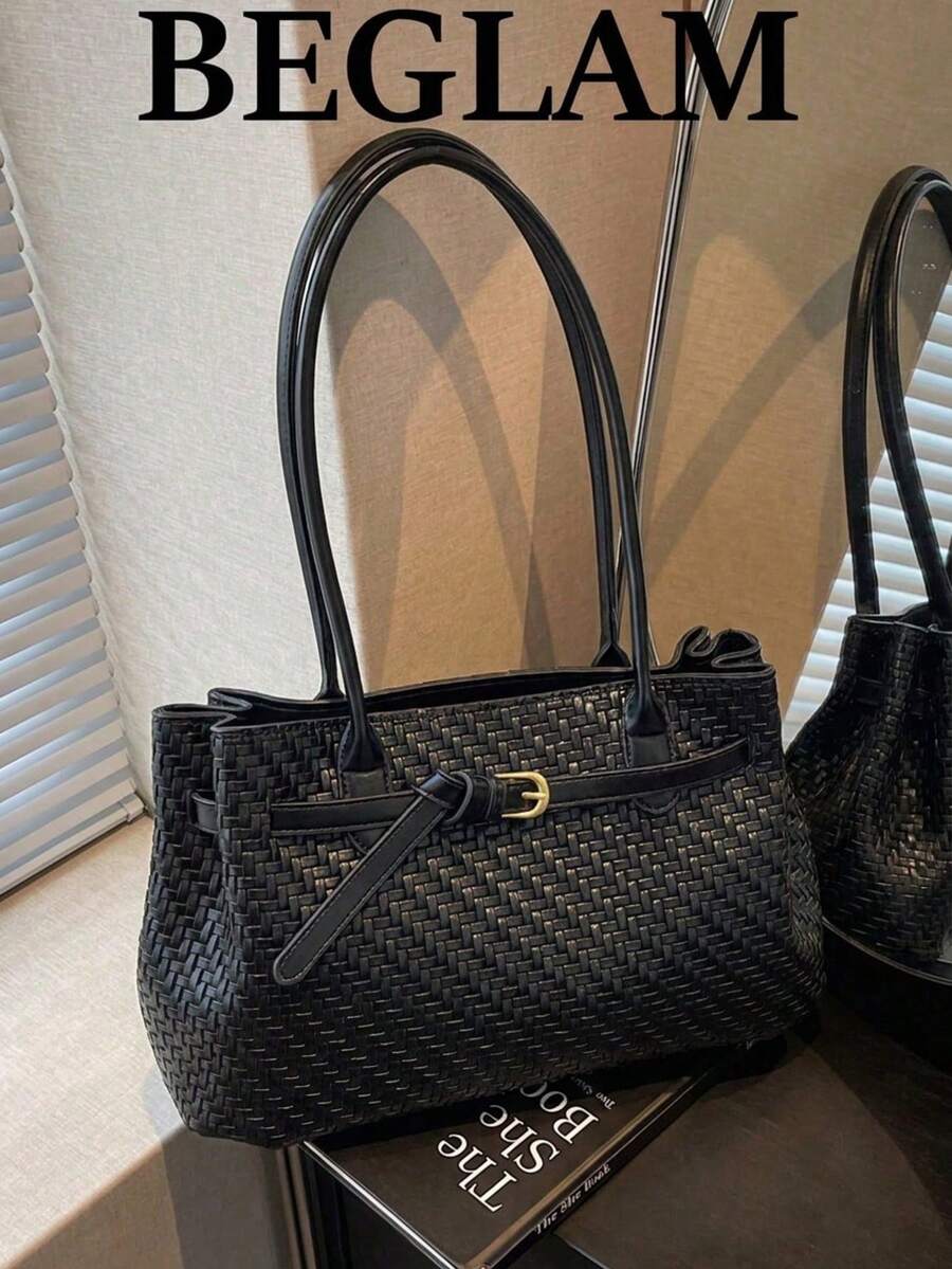 Fashion Solid Color Braid Texture Shoulder Bag, Strap Buckle Design, Suitable For Women Shopping, Dating, Gift And Daily Use