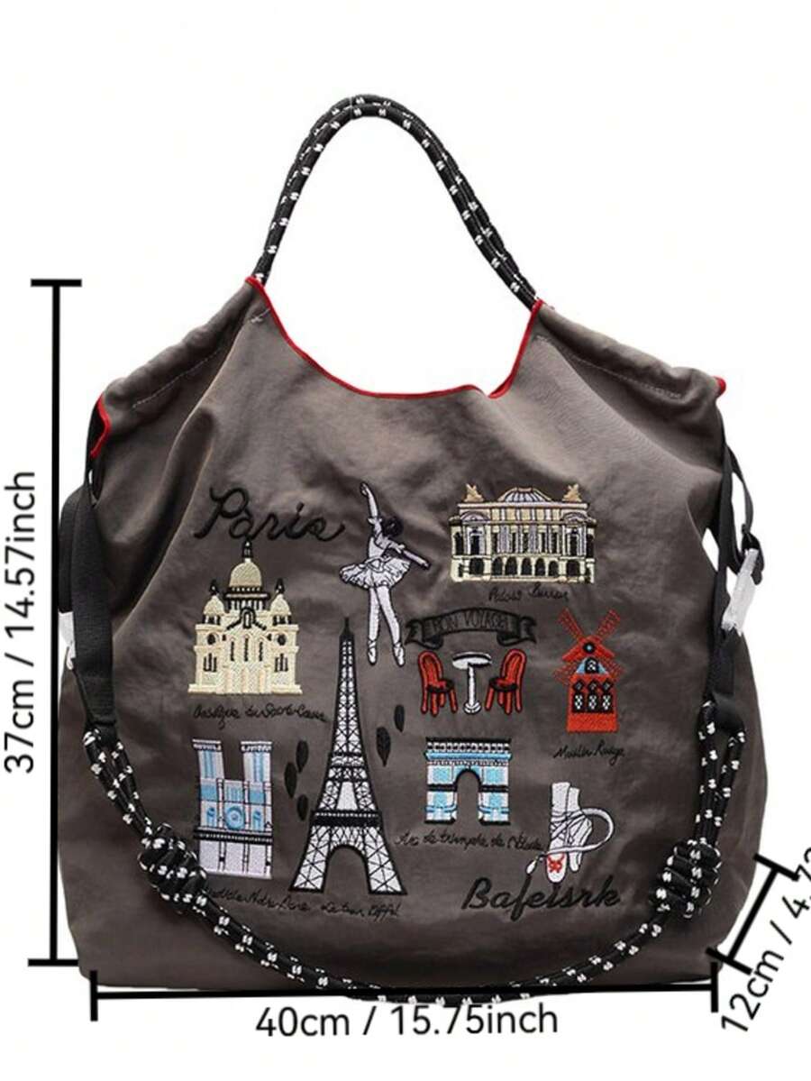 Vintage French Paris Embroidery Tote Bag For Women, Gray-Brown Nylon Soft Body Large Capacity Hobo Shoulder Bag, Eiffel Tower Arc De Triomphe Moulin Rouge Ballet Embroidery + Red Trim + Black & White