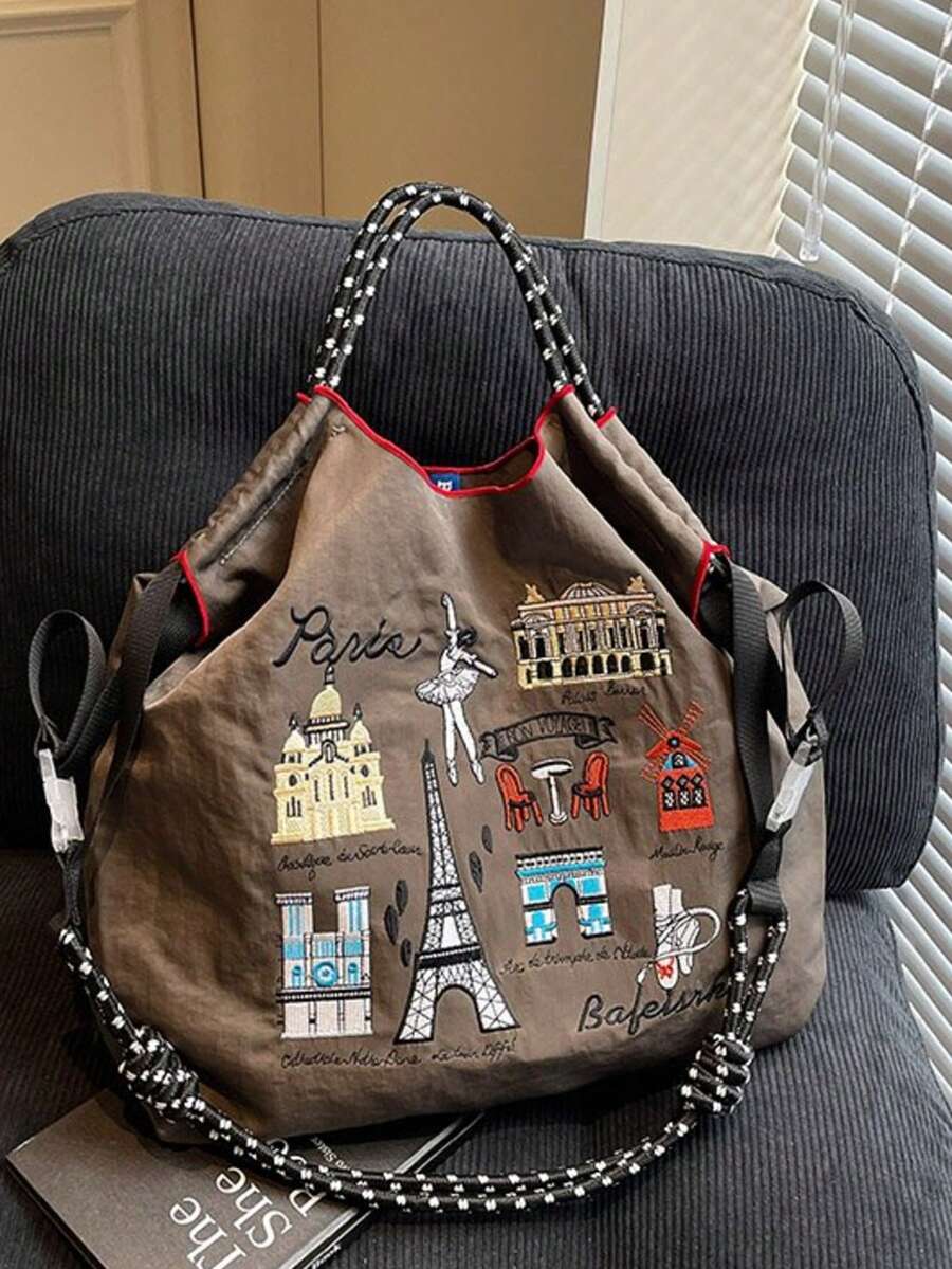 Vintage French Paris Embroidery Tote Bag For Women, Gray-Brown Nylon Soft Body Large Capacity Hobo Shoulder Bag, Eiffel Tower Arc De Triomphe Moulin Rouge Ballet Embroidery + Red Trim + Black & White