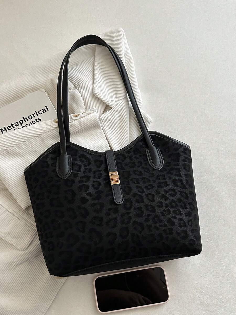 New Vintage Fashion Leopard Print Tote Bag, Metal Belt Buckle, Zipper Opening, Lightweight Minimalist, Soft Body, Textured Shoulder Bag. Suitable For Women's Daily Life, Casual, Commuting, Work, Vacat