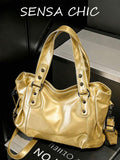 Minimalist Solid Color All-Match Style, Metal Rivet Reinforced Shoulder Strap