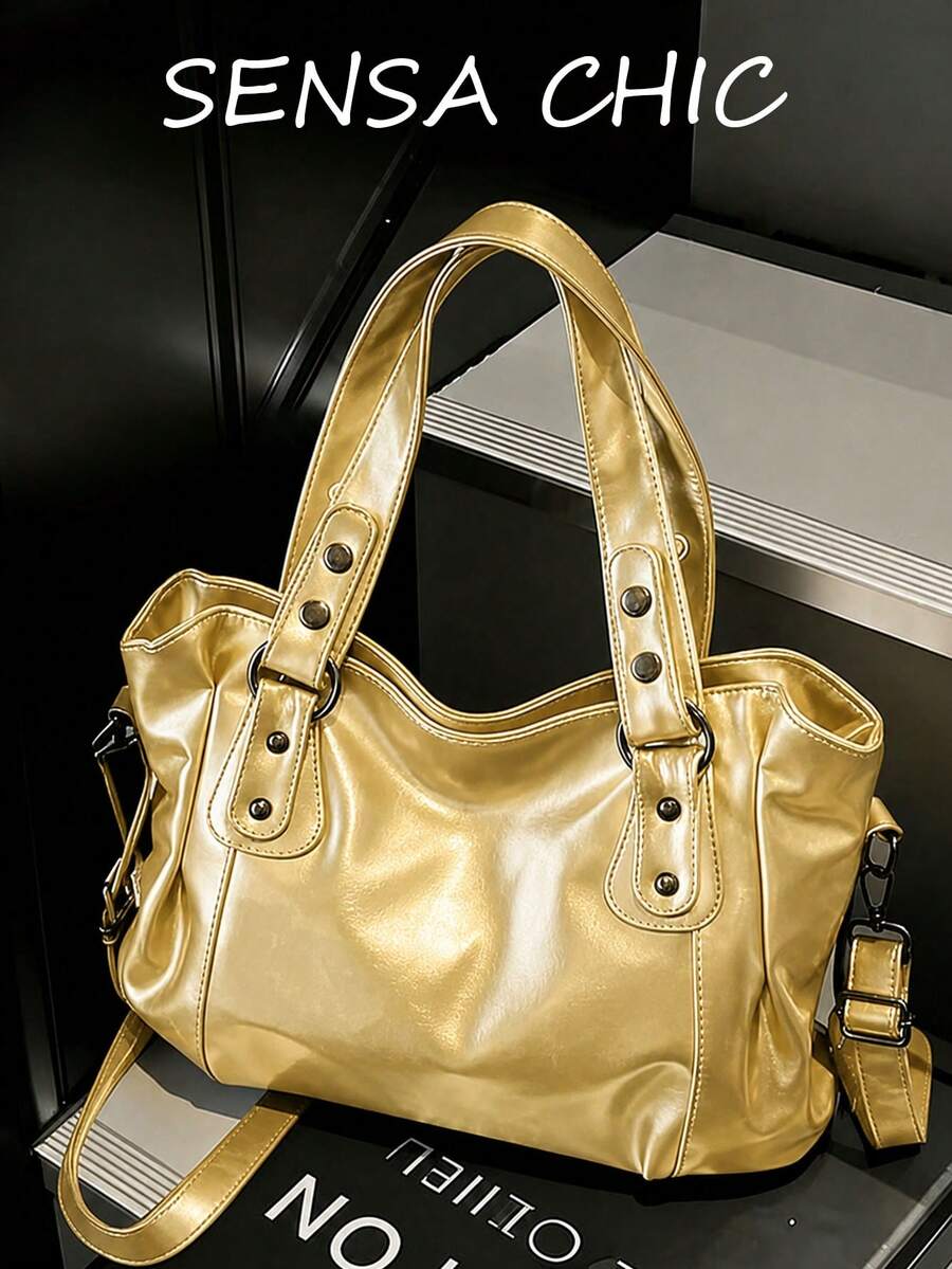 Minimalist Solid Color All-Match Style, Metal Rivet Reinforced Shoulder Strap, With Adjustable Extendable Crossbody Strap. Soft And Relaxed Body, Versatile Style, Can Be Freely Matched With Various Ch