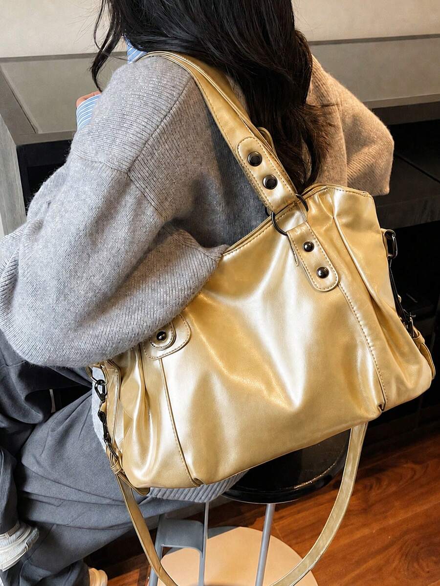 Minimalist Solid Color All-Match Style, Metal Rivet Reinforced Shoulder Strap, With Adjustable Extendable Crossbody Strap. Soft And Relaxed Body, Versatile Style, Can Be Freely Matched With Various Ch