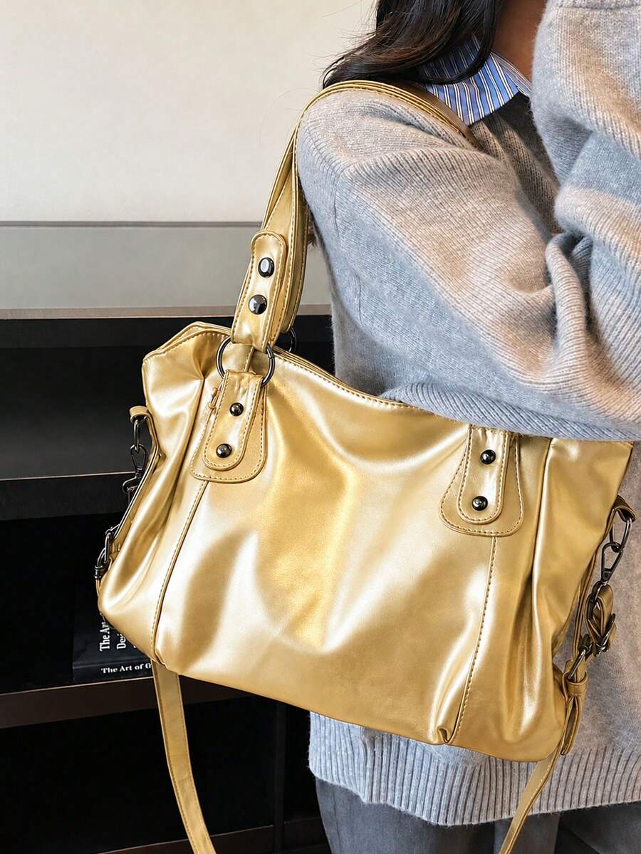 Minimalist Solid Color All-Match Style, Metal Rivet Reinforced Shoulder Strap, With Adjustable Extendable Crossbody Strap. Soft And Relaxed Body, Versatile Style, Can Be Freely Matched With Various Ch