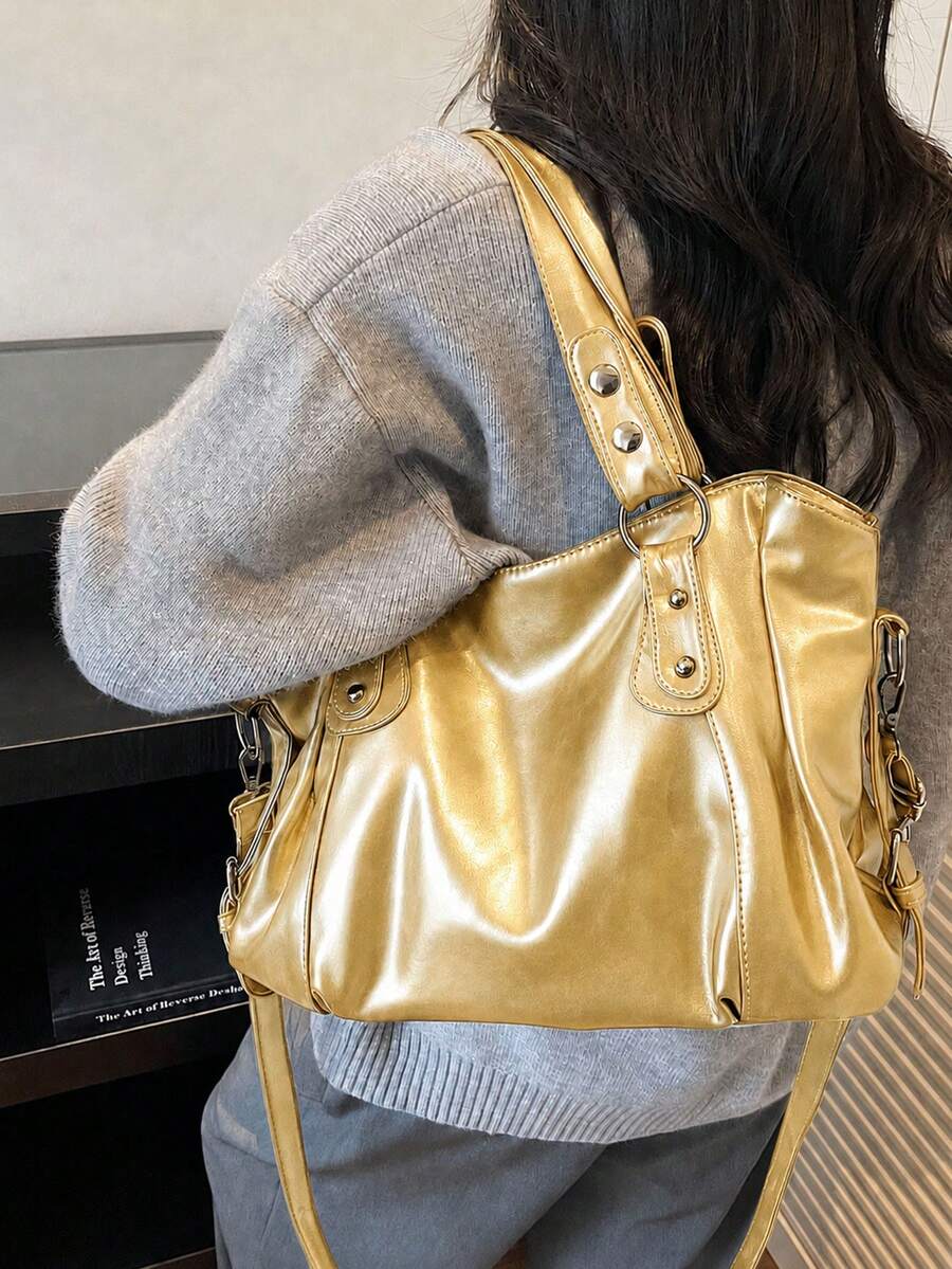 Minimalist Solid Color All-Match Style, Metal Rivet Reinforced Shoulder Strap, With Adjustable Extendable Crossbody Strap. Soft And Relaxed Body, Versatile Style, Can Be Freely Matched With Various Ch